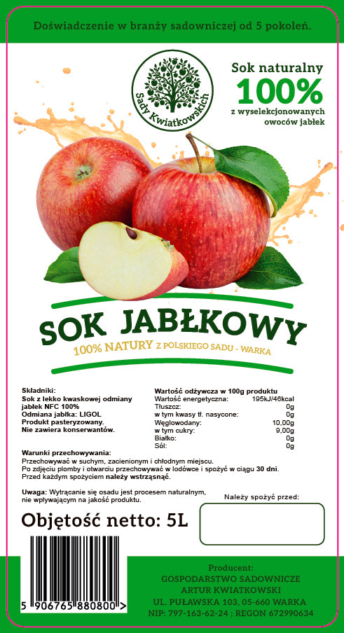 Naturalny sok z jabłek 100% NFC 5L